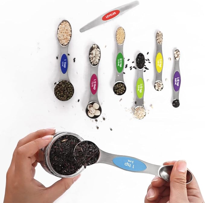 Magnetic Measuring Spoons Set Stainless Steel with Leveler, 8pcs Multicolors Measuring Cups Set for Baking, Measuring Cups and Spoon Set Kitchen Gadgets Apartment Essentials Fits in Spice Jars