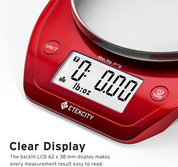 Etekcity Food Kitchen Scale with Bowl, 0.1g, Grams and Ounces | 11lb/5kg capacity with tare, removable bowl, ideal for baking, coffee, meal prep and portion control, Stainless Steel, Red