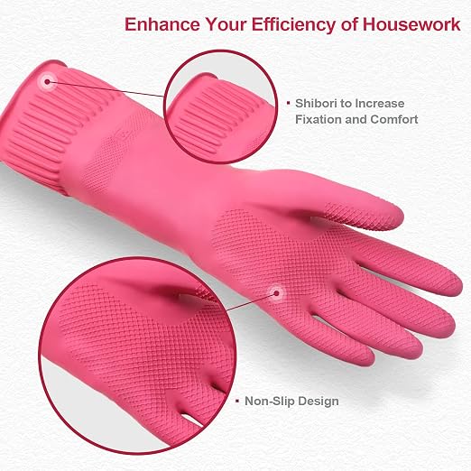 DABOGOSA Mamison 2 Pairs Reusable Waterproof Household Dishwashing Cleaning Rubber Gloves, Non-Slip Kitchen Glove (Pink, Medium (Pack of 2))