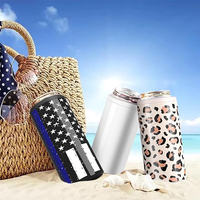 TILUCK Skinny Can Cooler, Stainless Steel Insulated Slim Cans, 12 oz | Beer & Hard Seltzer, Doucle-Walled Stainless Steel Insulated Slim Cans, Slim 12 oz(Black U.S. Flag)