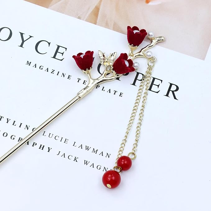 inSowni 8 Pieces Retro Vintage Asian Chinese Traditional Hanfu Gold Metal Rose Flower Butterfly Hair Pins with Bead Pendants Long Hair Sticks Forks Bun Updo Holders Hairpins for Women Girls