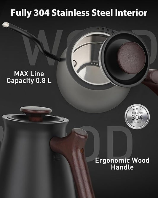 Harriet Gooseneck Electric Kettle - 1200W Fast Heat, 0.8L Stainless Steel, Precision Temp Control & Timer, Wood Handle, Pour Over Coffee and Tea, Black