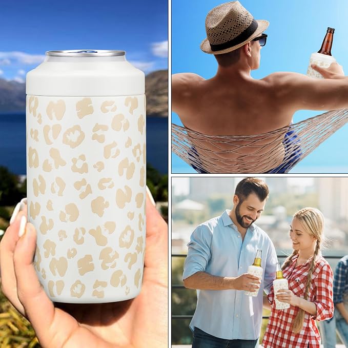 MAXSO Slim Can Cooler, 4-in-1 Double Walled Stainless Steel Insulated Beer Can Holder, Works With All 12 Oz Cans,Bottles & As A Pint Cups - Leopard