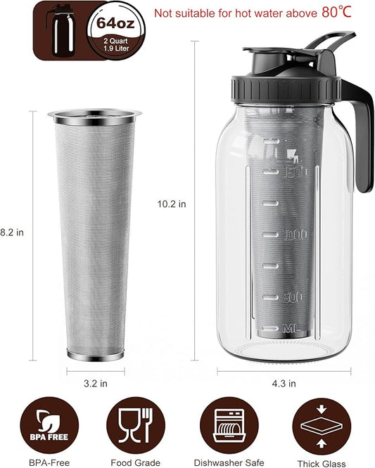 Cold Brew Coffee Maker 64oz, Iced Coffee Maker with 304 Stainless Steel Filter, Mason Jar Pitcher with Lid and Spout (Black)