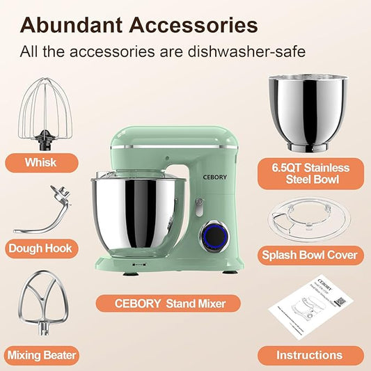 3-IN-1 Electric Stand Mixer, 6.5QT Bowl 660W 10-Speed Kitchen Mixer, Household Food Mixers include Dough Hook, Beater and Whisk, Bread Cake Mixer for Baking and Most Home Cooks, Agave Green