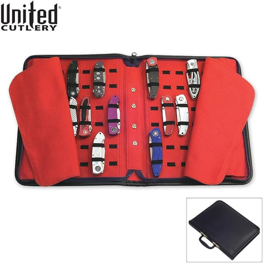 UNITED CUTLERY Large Pocket Knife Storage Case – Faux Leather Exterior, Felt-Lined Interior, Elastic Straps for Knives, Zipper Closure, Holds 40 Knives, For Protecting and Storing Knife Collection
