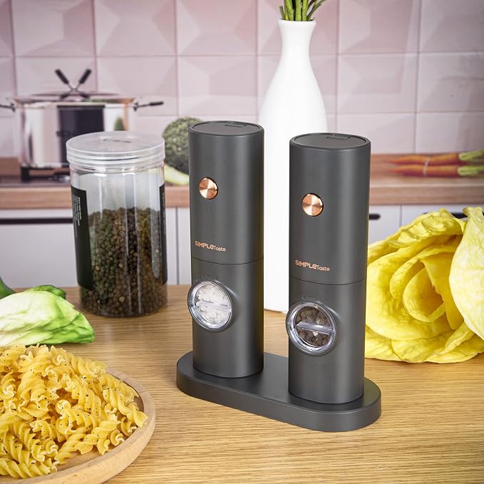 SIMPLETASTE Electric Salt and Pepper Grinder Set with LED Light, Automatic Pepper Mill Shakers with Adjustable Coarseness, One Hand Operation for Kitchen, Dining, Gifting, Space Gray, Battery Operated