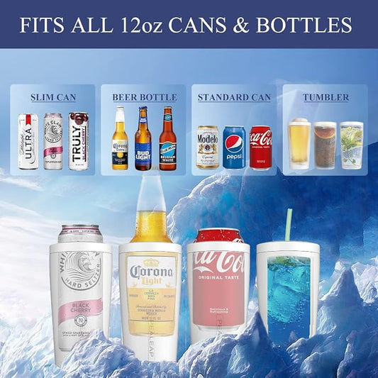 Pealeap 4-in-1 Insulated Slim Can Cooler for All 12oz Cans & Beer Bottles | Double-walled Stainless Steel Vacuum Can Cozy | Keep 8Hrs Cold | Universal Fits 12oz Drinks | No Sweat | Cup Holder Friendly
