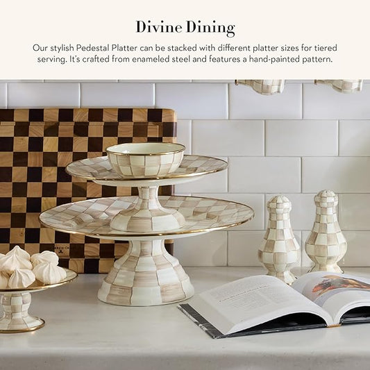 MACKENZIE-CHILDS Enamel Pedestal Platter, Round Cake Stand, Large, Brown-and-White Mocha Check