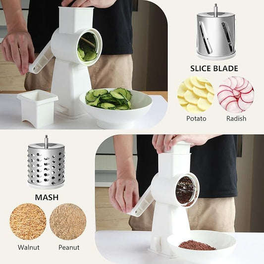 4-in-1 Rotary Cheese Grater Handheld, Lightweight Body with 4 Stainless Steel Blades & Non-Slip Suction Base, for Shredding Parmesan, Slicing Vegetables, Grating Chocolate(White)