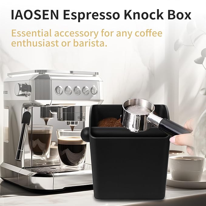 IAOSEN Large Square Knock Box Shock-absorbent Knock Box Espresso with Removable Knock Bar and Non-Slip Base Espresso Accessories for Home/Office (Large Black Knock Box with Tamper Mat)