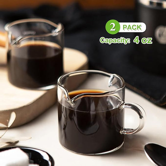 Qipecedm Espresso Cups Set of 2, 4 OZ Double Spouts Cups, Shot Glasses, Milk Cup with Handle, Clear Glass, Espresso Accessories for Machine, Small
