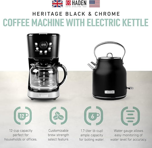 HADEN Coffee Machine, 12 Cup Drip Coffee Maker Bundled with Heritage 1.7 Liter Stainless Steel Electric Kettle, Black & Chrome