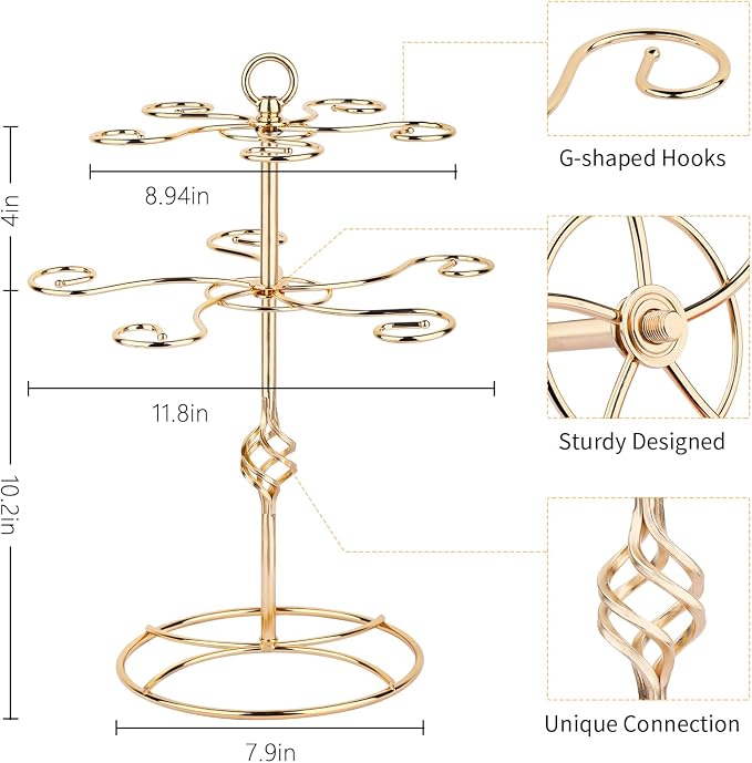 QPIX DIGITAL Wine Glass Rack 2 Tier 10 Holders Wine Glass Holder Stand, Elegant Rose Gold Cocktail Tree Stand Countertop Tabletop Stemware Rack for Home and Bar Storage,Easy Assembly