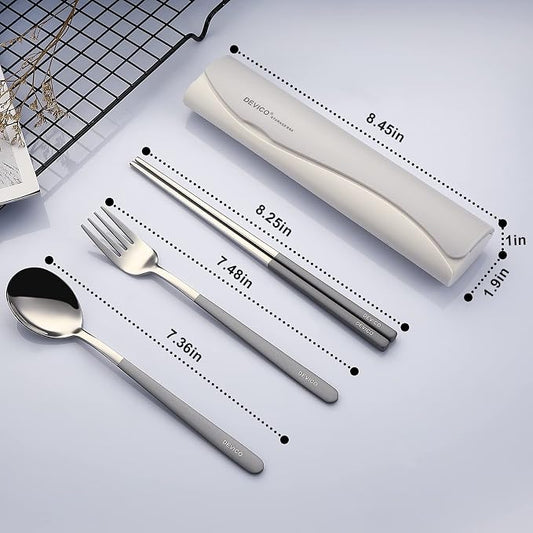 DEVICO Travel Utensils with Case, 4 Piece Portable Silverware Set for Work | 18/8 Stainless Steel Reusable Travel Cutlery Set, Korean Chopsticks Fork and Spoon Set for Lunch Box/Camping/Picnic/Dorm,Gray