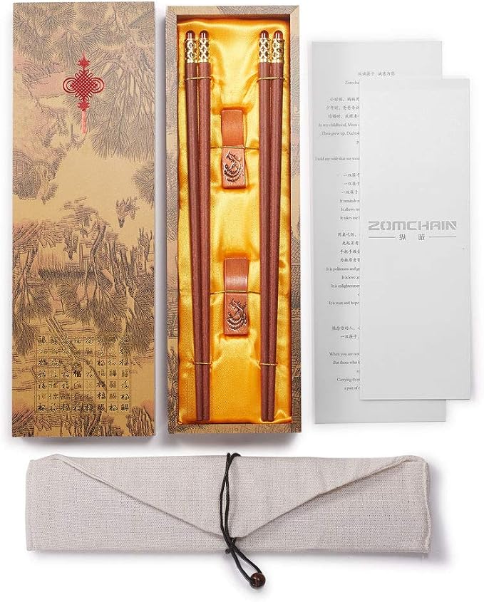 Reusable Chopsticks-Chinese Natural Wooden Chopstick,With Holder and Carrying Bag Present Set