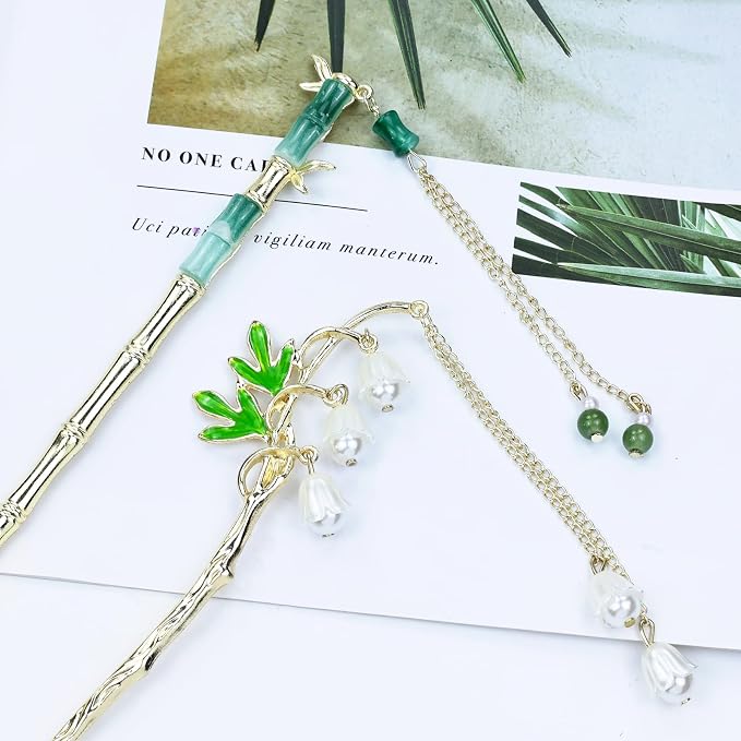 inSowni 8 Pieces Vintage Retro Asian Chinese Hanfu Gold Metal Hair Sticks Pins with Pearl Pendants Bamboo Leaf Flower Fishtail Hair Chopsticks Forks Bun Updo Holders Long Hairpins for Women Girls