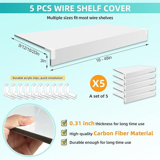 5 Pcs Wire Shelf Cover, 32X12X3 Inch Carbon Fiber Material Shelf Covers for Pantry Shelves(Not Wood), Waterproof Removable Closet Shelving Liner for Home Kitchen,Office Organization - White