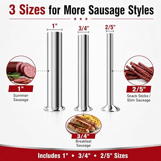 3 Size Stainless Steel Sausage Stuffer Tubes Kit | Replacement Funnels for LEM Sausage Stuffers (Includes 3/4", 1/2", 3/8" Sizes)
