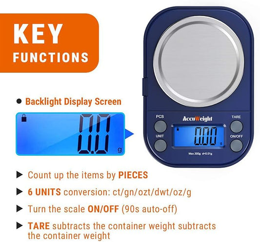AccuWeight Digital Gram Scale with 300g/0.01g Small Pocket Coffee Scale with High Accuracy, Jewelry Scale with Tare and Calibration for Kitchen Food Scale