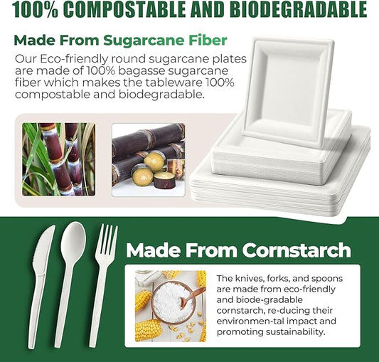 100% Compostable Paper Plates, and Biodegradable Set Includes Forks Spoons and Knives Perfect for Eco Friendly Parties and Gatherings(White 300pcs)
