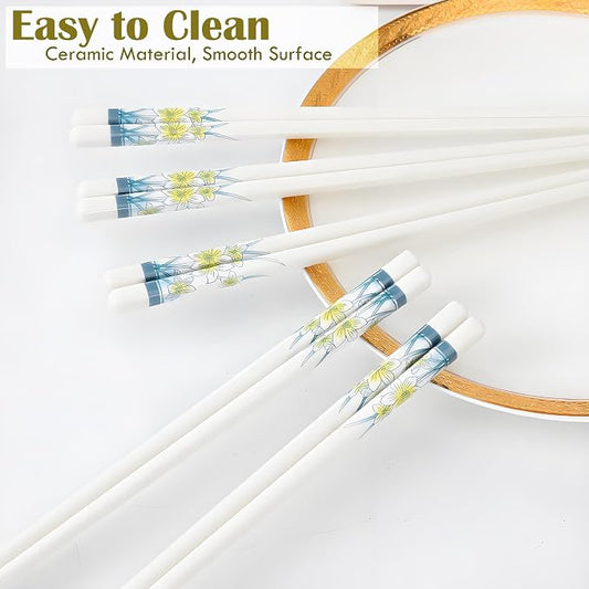 Ceramic Chopsticks Reusable 5 Pairs,Porcelain Chop Sticks,Daffodil,9.7'' | Easy to Clean,Dishwasher Safe,Heat Resistant,with a Gift case,Cooking Chopsticks,High-grade Bone China Porcelain