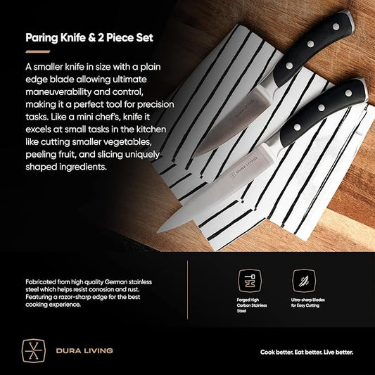 DURA LIVING 3.5-Inch Paring Knife – Ultra-Sharp German High Carbon Stainless Steel, Full Tang, Ergonomic Handle, Multipurpose Kitchen Knife for Chopping, Slicing, and Dicing, Black