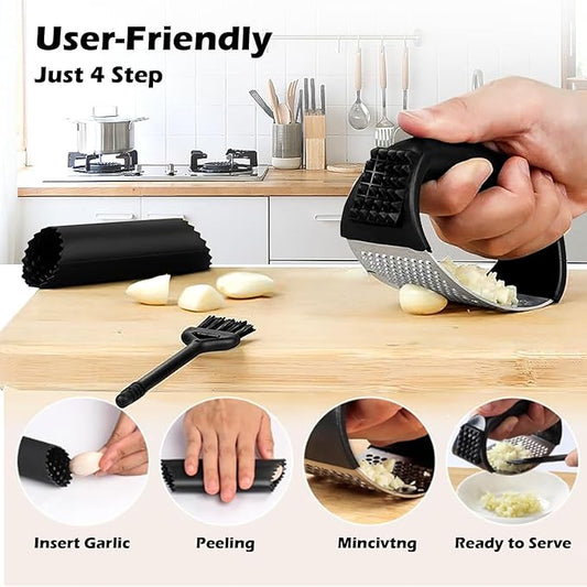 Garlic Press Rocker Set,Stainless Steel Garlic Mincer Tool with Garlic Peeler and Cleaning Brush Kitchen Gadgets Essentials Garlic Chopper
