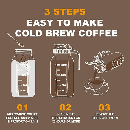 Cold Brew Coffee Maker Jar - 64oz Thick Glass Multipurpose Mason Pitcher Spout Lid with Handle & Stainless Steel Filter for Iced Coffee, Lemonade, Ice Tea, Homemade Fruit Drinks Container