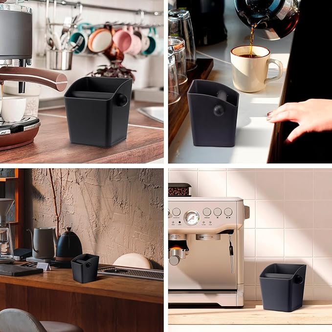 HOMEE Espresso Knock Box,Rectangular Coffee Knock Box with Large Capacity and Non-Slip Base, Grounds Container with Removable Bar,Espresso Accessories for Coffee Bar Kitchen Counter,Black