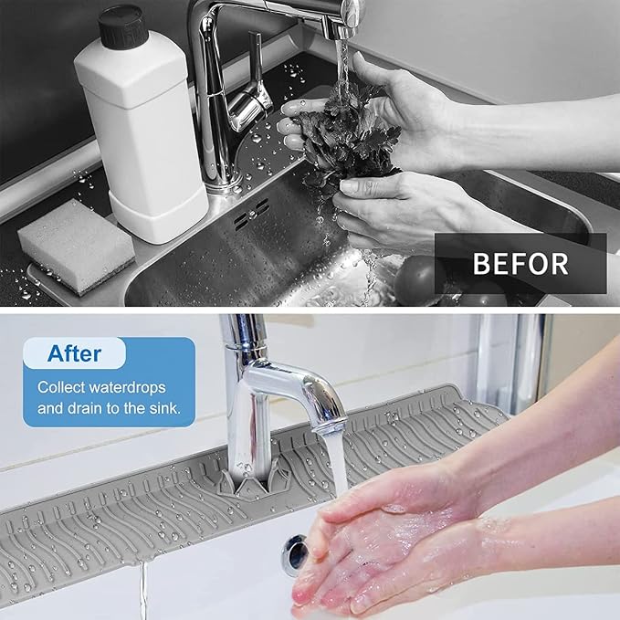 Kitchen Faucet Sink Splash Guard, 24" x 5.6'' Upgrade Silicone Faucet Water Catcher Mat, Sink Draining Pad Behind Faucet, Rubber Drying Mat for Countertop, Bathroom, Farmhouse, RV (Grey)