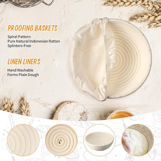 Banneton Bread Proofing Basket Set of 2, Rattan Proofing Baskets for Sourdough Bread | Banneton Bowls with Linen Liners | Natural Rattan Dough Rising Baskets for Artisan Homemade Bread Baking
