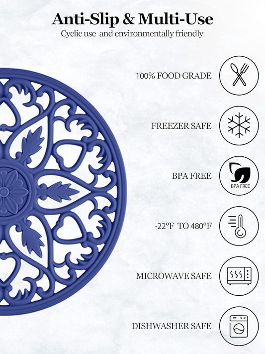 SMARTAKE 6 Set Silicone Trivet Mats, Multi-Use Carved Trivet Mat, Insulated Non-Slip Durable Kitchen Mats, Flexible Modern Kitchen Table Mat, for Hot Dishes, Pots, Dining Countertop, Navy Blue