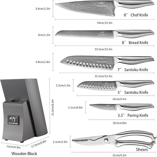 NANFANG BROTHERS® 7 Pieces Damascus Kitchen Knife Set, High Carbon Stainless Steel Damascus Steel Chef Knife Set, Stainless Steel Ergonomic Handle for Chef, Knife Block Set for Chopping NF