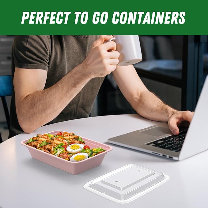 50 Pack (100-Piece) 32 oz Meal Prep Containers with Easy Open Lids, Pink | Sturdy Leakproof & Food Safe, Microwave, Freezer, Dishwasher Safe Prep Containers, To Go Take Out Plastic Food Storage