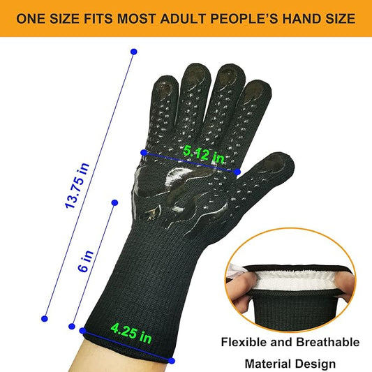 Mitts Oven Gloves with Fingers BBQ Heat Resistant Gloves Oven Gloves 1472℉ 14Inch Cut Resistant Cooking Grill Gloves Silicone Non-Slip Cooking Gloves for Grilling/Baking for Gift (Large, Black)