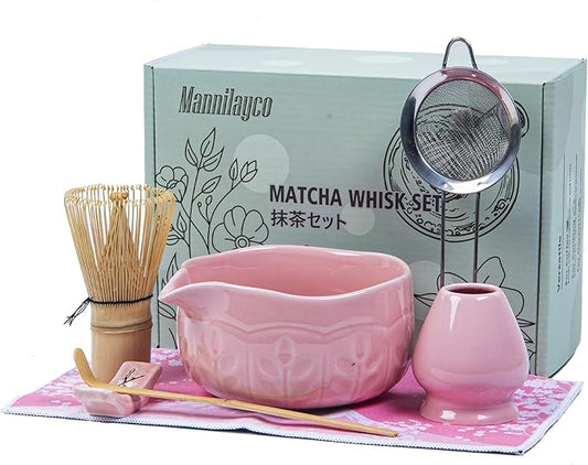 Matcha Whisk Bowl Set, 7PCS All-in-One Japanese Tea Set Includes Matcha Bowl with Spout, Bamboo Whisk (Chasen) with Stand, Scoop, Sifter, Complete Kit for Ceremony, Gift for Matcha Tea Lovers(Pink)
