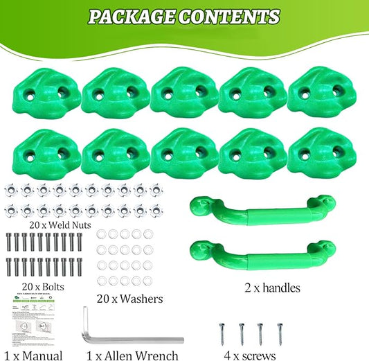 10 Rock Wall Climbing Holds Extra Large with 2 Handles,DIY Rock Climbing Grips with Mini Wrench for Indoor Outdoor Playground Play Set(Green)