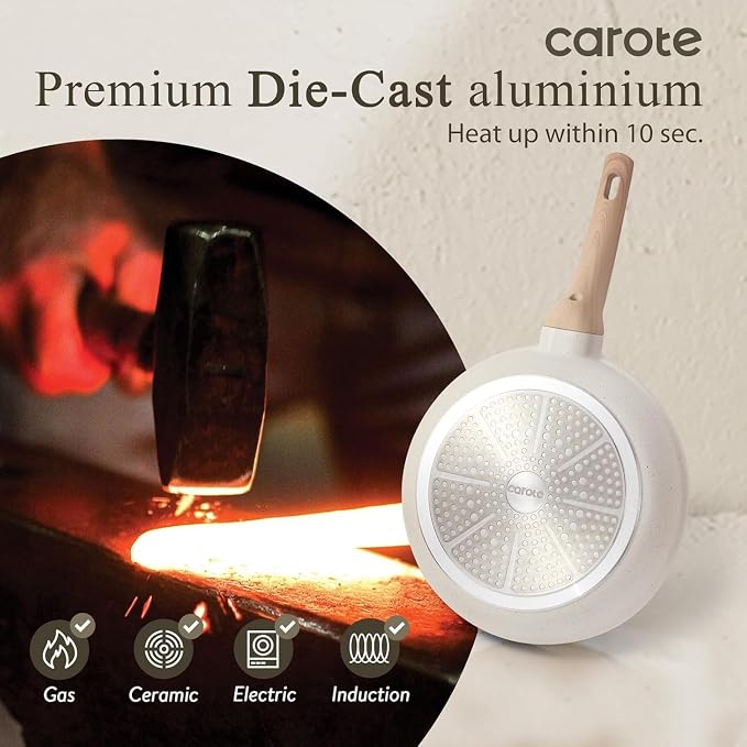 CAROTE Non Stick Frying Pan, 12 Inch Cream White Skillet with Glass Lid | Non Toxic Kitchen Healthy Cookware, Compatible with All Stovetop, Easy to Clean, PFOA Free