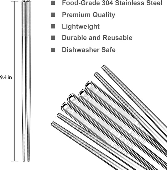 Premium Stainless Steel Metal Chopsticks, Reusable Silver Chopsticks Dishwasher Safe, Square Lightweight Non-Slip Chop Sticks Easy to Use for Home Kitchen Hotel Restaurant (Stainless steel, 8.7)