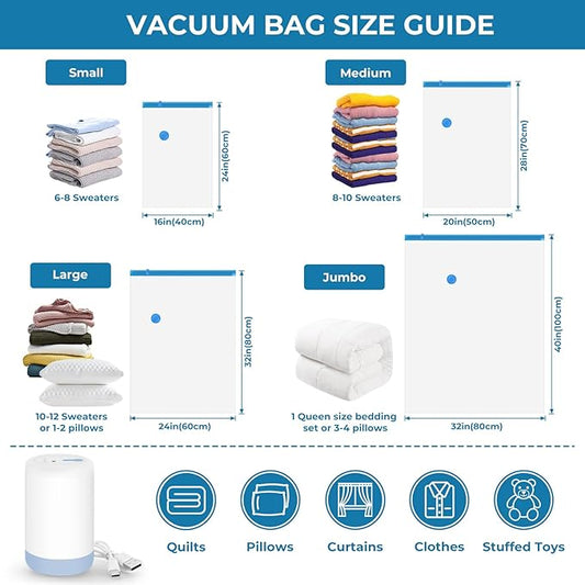 Vacuum Bags for Travel with Portable Electric Pump,12 Pack Vacuum Seal Bags for Luggage and Suitcase Compression, Space Saver Vacuum Storage Bags for Clothes and Clothing Travel