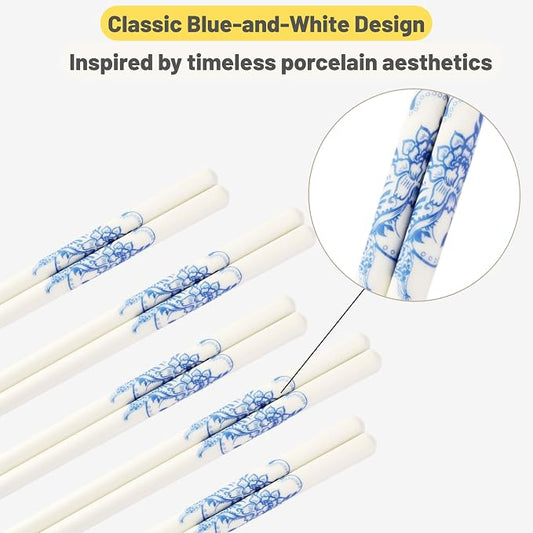 Porcelain Chopsticks Set of 5 Pairs, Reusable Bone Ceramic Chopsticks, Dishwasher Safe, Non-Slip Design, Elegant Gift Box for Family or Restaurant Use (peony)