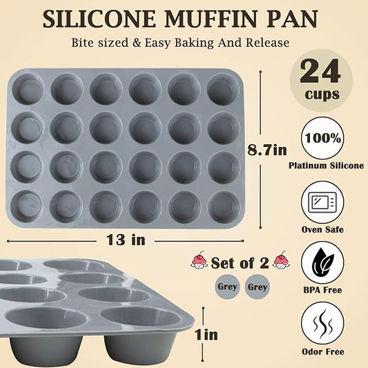 24 Cups Silicone Mini Muffin Pan Set, Nonstick Mini Cupcake Pans, BPA Free Small Muffin Tin for Baking, Set of 2 (Grey+Grey)