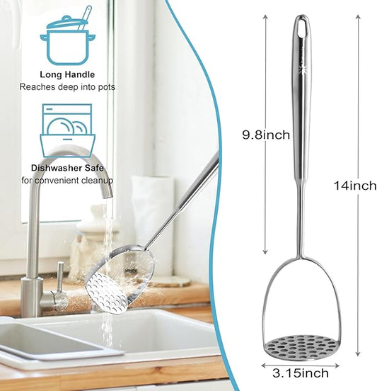 Potato Masher Stainless Steel - Mashed Potato Masher Kitchen Utensil,Potato Smasher For Potatoes, Bean, Vegetable & Fruits,Pet Food, Heavy Duty Metal Avocados Smasher Tool, Dishwasher Safe, 14 Inch