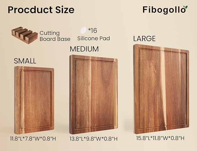 Fibogollo Set of 3 Large Acacia Wood Kitchen Cutting Boards with Holder | Wooden Chopping Boards Set with Juice Groove, Serving Board with Storage Stand,Butcher Block for Meat,Vegetables,Fruit