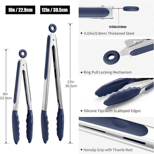 Doosu Kitchen Tongs for Cooking - 600°F Heat Resistant Food Tong Set with Non-Scratch Silicone Tips, Heavy Duty Stainless Steel Locking Tong for BBQ, Grilling Steak, Serving Salad (9+12in, Navy Blue)