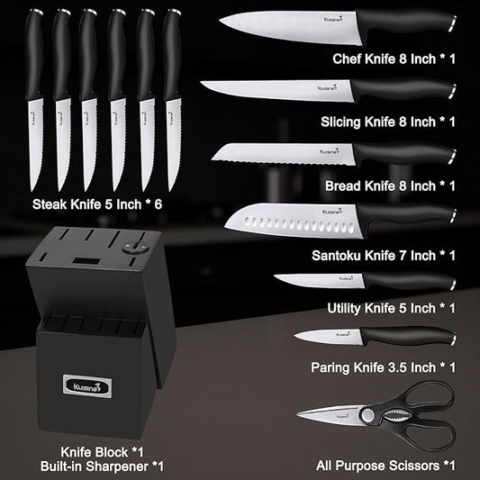 Kuisine Chef Knife Set,High Carbon Stainless Steel Ultra Sharp Blade Ergonomic Handle,Kitchen Knife Block Set with Built-in Sharpener,Elegant Gift for Holiday(Silver Black,15PCS)