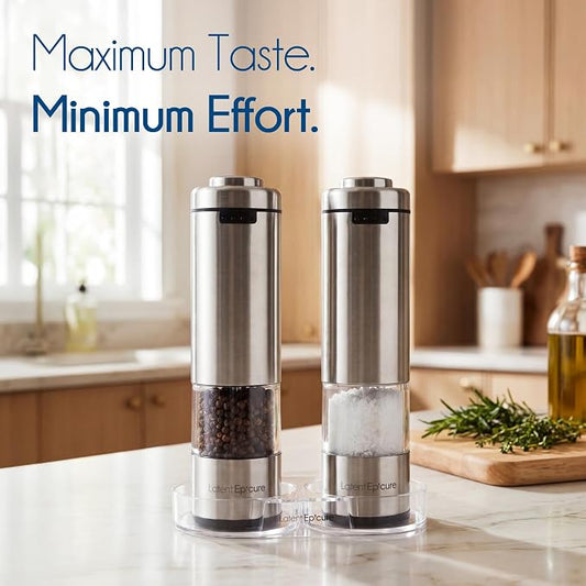 Latent Epicure Electric Salt and Pepper Grinder Set, USB-C Rechargeable Stainless Steel Mills with LED Light, Adjustable Ceramic Grinders with Acrylic Mill Rest Tray