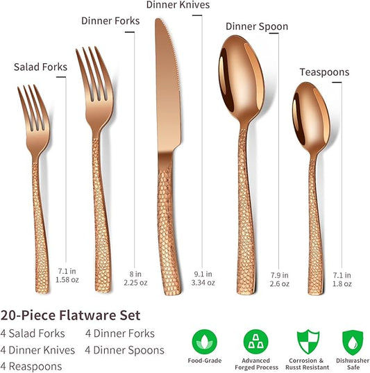 20-Piece Rose Gold Hammered Stainless Steel Flatware Set for 4, Including Fork, Knife, Spoon Set, Home Kitchen Cutlery Sets, Dishwasher Safe