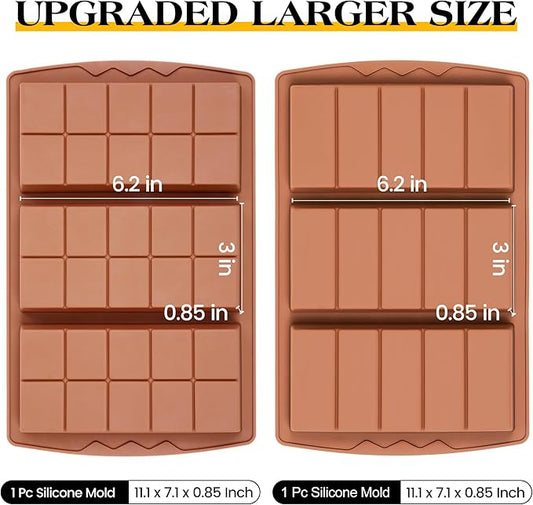 2 Pcs Chocolate Bar Mold Deep Dubai 0.85 Inch Stuffed Chocolate Molds Silicone Large Break Apart Silicone Molds (10 Snap + 5 Snap)